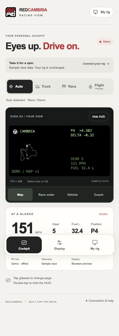 Actual RedCambria companion app showing its demo map, view controls and telemetry