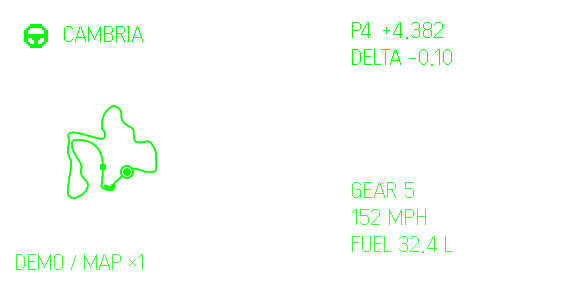 RedCambria simulator display with sample racing telemetry